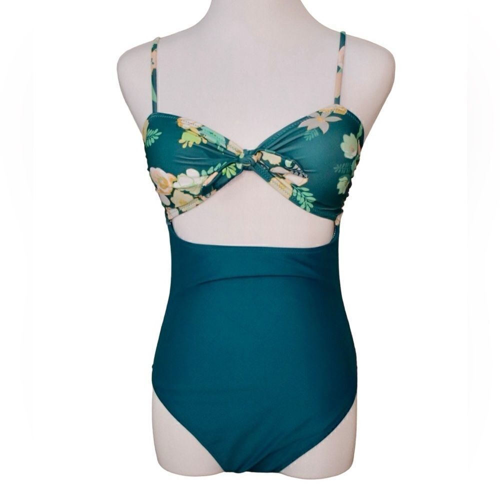 Tropical Floral Cut Out Tummy Teal Moderate Coverage 1pc Swimsuit SMALL Vacation
